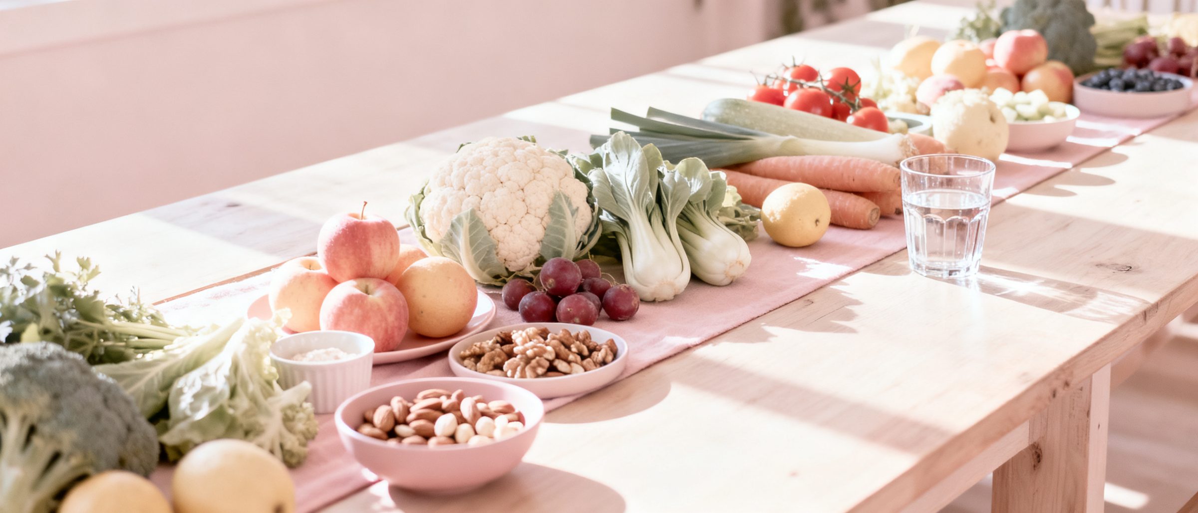 Fresh produce and a glass of water on a sunlit table
