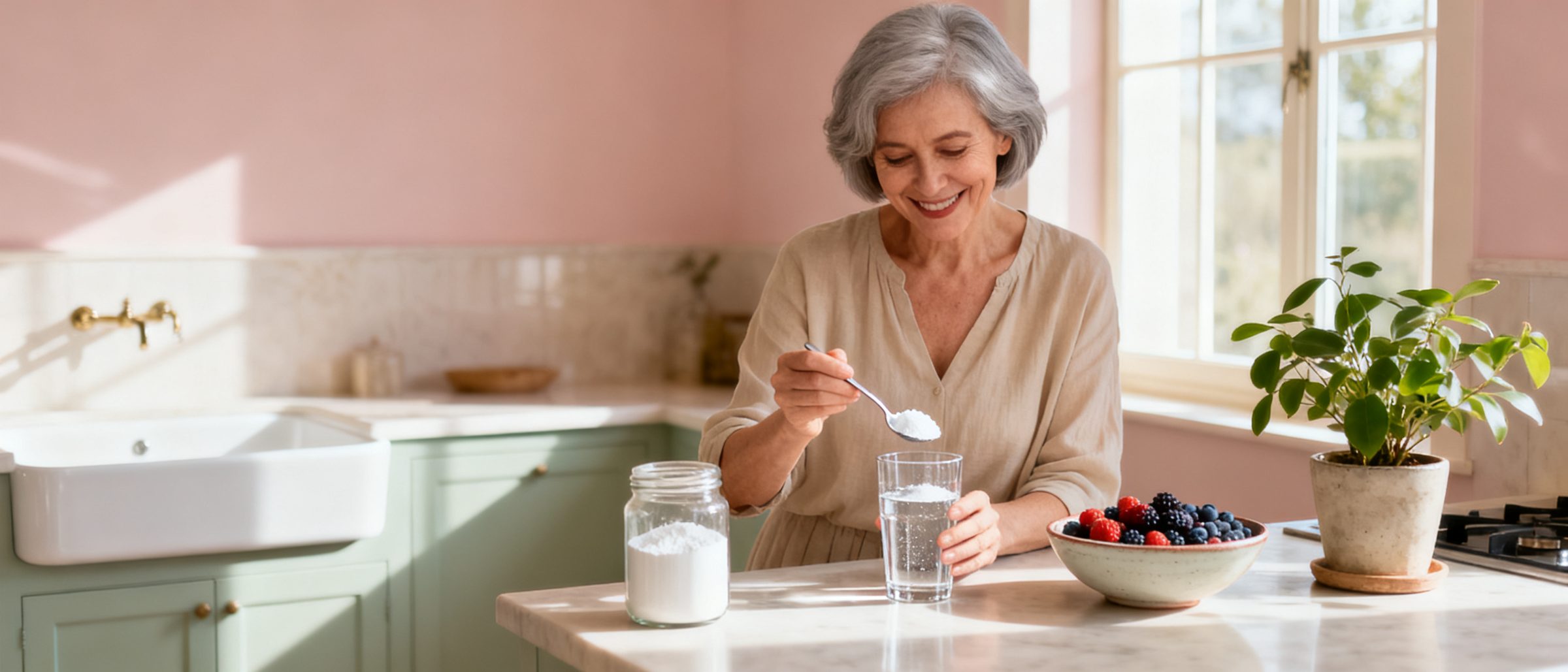 A woman in her fifties making a morning drink in a bright kitchen